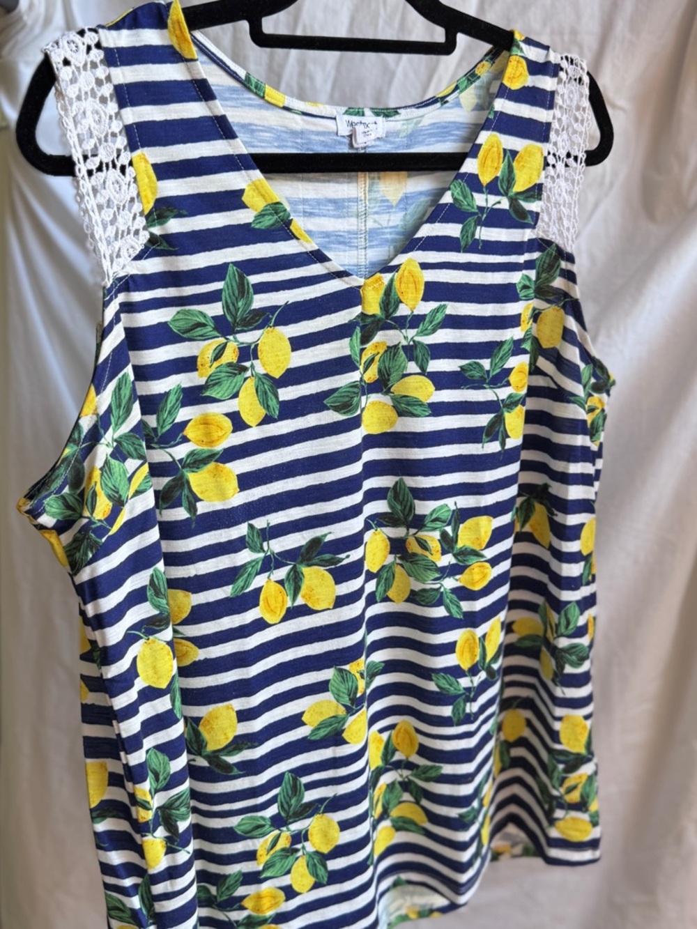 Lemon Stripe V-Neck Lace Shoulder Tank Top - Navy & Yellow 1x